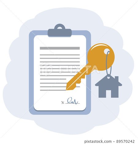 signed contract for house real estate purchase on clip board with key 89570242