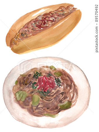 Yakisoba and yakisoba bread watercolor material 89570492