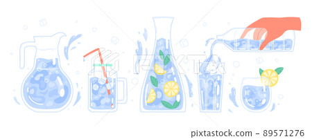 Clean drinking water in different glass containers. 89571276