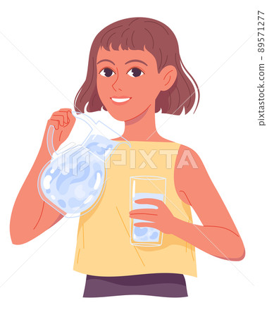 Little girl with jug and glass of water Little girl with jug and glass of water 89571277
