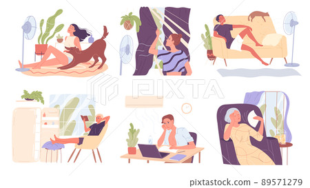 People at home in the summer heat refresh themselves at fans and suffer from high temperatures 89571279