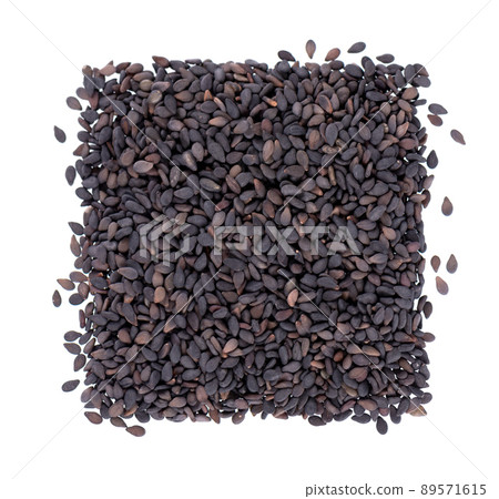 Black sesame seeds isolated on white background. Organic spice. Top view. Black sesame seeds isolated on white background. Organic spice. Top view. 89571615