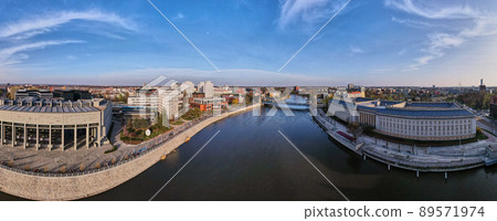 Wroclaw panorama with car bridge over Odra river, aerial view 89571974