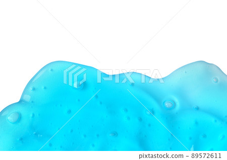 Texture of transparent antiseptic gel with air bubbles isolated on white background. Concept of skin moisturizing, cosmetics and prevention of virus. Liquid beauty product closeup. Backdrop, flat lay 89572611