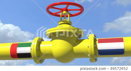 UAE NETHERLANDS oil or gas transportation concept, pipe with valve. 3D rendering UAE NETHERLANDS oil or gas transportation concept, pipe with valve. 3D rendering 89572652