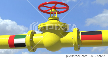 UAE GERMANY gas or oil transit concept. Pipe with valve, 3D rendering UAE GERMANY gas or oil transit concept. Pipe with valve, 3D rendering 89572654