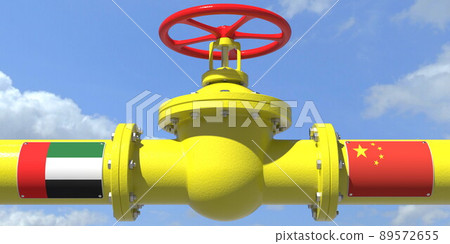 UAE CHINA oil or gas transportation concept, pipe with valve. 3D rendering UAE CHINA oil or gas transportation concept, pipe with valve. 3D rendering 89572655