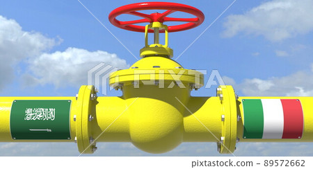 SAUDI ARABIA ITALY gas or oil transit concept. Pipe with valve, 3D rendering SAUDI ARABIA ITALY gas or oil transit concept. Pipe with valve, 3D rendering 89572662