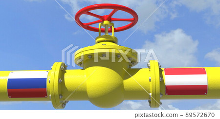 RUSSIA AUSTRIA gas or oil transit concept. Pipe with valve, 3D rendering RUSSIA AUSTRIA gas or oil transit concept. Pipe with valve, 3D rendering 89572670