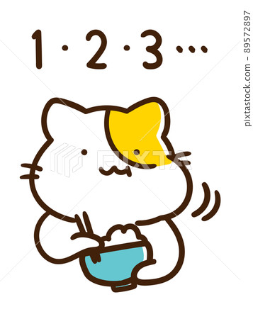 一個咀嚼和吃的可愛貓角色的手寫風格插圖 89572897