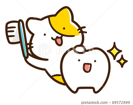 可愛的手寫風格插圖貓和牙齒字符與牙刷 89572899