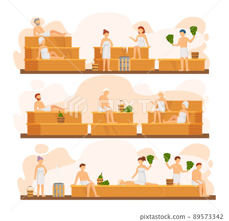 Sauna and steam room. Set of people in sauna. People relax and steam with birch brooms in banya 89573342
