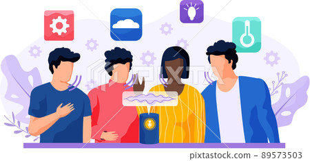 Voice assistant. Smart speaker virtual assistant, sound robot, people using voice controlled smart speaker Voice assistant. Smart speaker virtual assistant, sound robot, people using voice controlled smart speaker 89573503