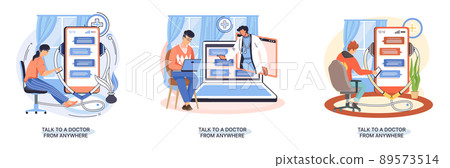 Online medical services metaphor, consultations website and mobile applications, talk to doctor from anywhere 89573514