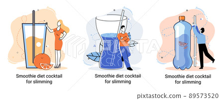 Green smoothie as healthy diet cocktail for slimming tiny person concept. Vegan detox food metaphor Green smoothie as healthy diet cocktail for slimming tiny person concept. Vegan detox food metaphor 89573520