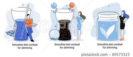 Green smoothie as healthy diet cocktail for slimming tiny person concept. Vegan detox food metaphor Green smoothie as healthy diet cocktail for slimming tiny person concept. Vegan detox food metaphor 89573525