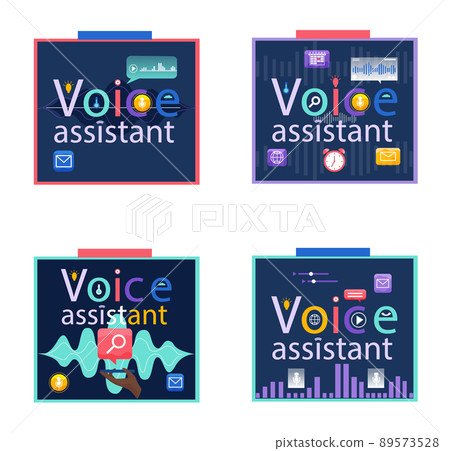 Voice assistant banner. Smart speaker with voice recognition flat vector inscription for websites Voice assistant banner. Smart speaker with voice recognition flat vector inscription for websites 89573528