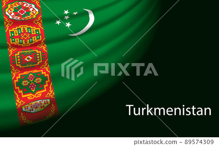 Wave flag of Turkmenistan on dark background. Banner or ribbon v 89574309