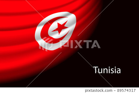 Wave flag of Tunisia on dark background. 89574317