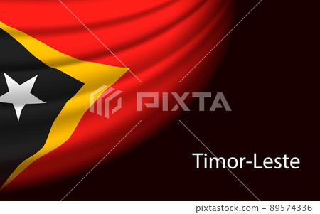 Wave flag of Timor-Leste on dark background. Banner or ribbon ve 89574336