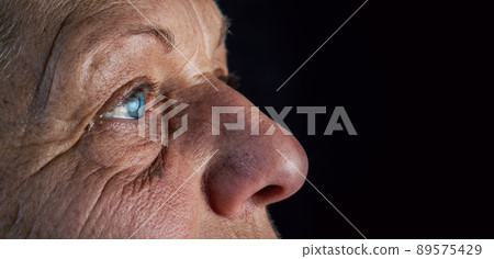 Close up, macro photo of a senior female color eyes, iris, pupil, eye lashes, eye lids. 89575429