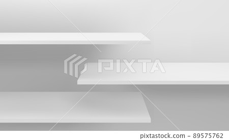 Long 3d empty white wooden or plastic shelves mockup on wall Long 3d empty white wooden or plastic shelves mockup on wall 89575762