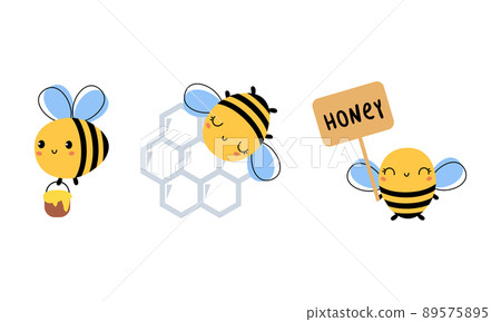 Cute Little Honey Bee with Wings and Black Stripes Flying with Honeycomb and Bucket with Honey Vector Set 89575895