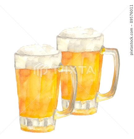 兩杯冷生啤酒杯[手繪水彩]可用複制空間白色背景PNG 89576011