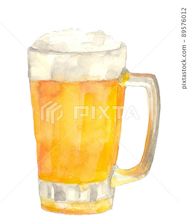 一杯冷生啤酒杯[手繪水彩]可用複制空間白色背景PNG 89576012