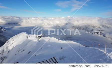 Panoramic view over snowy ski resort in Austrian Alps during daytime with sunshine and clouds 89576060