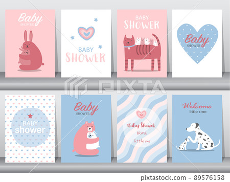 Set of baby shower invitations cards,poster,greeting,template,cute,animal,Vector illustrations. 89576158