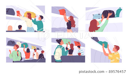 Passengers in the cabin prepare for the flight, take their seats, place their hand luggage Passengers in the cabin prepare for the flight, take their seats, place their hand luggage 89576457