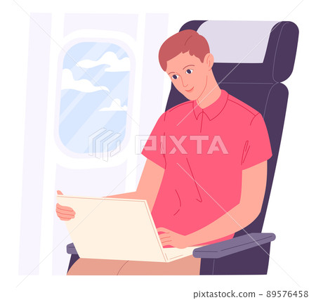 Man with laptop on aircraft during flight Man with laptop on aircraft during flight 89576458