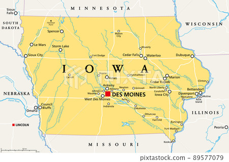 Iowa, IA, political map, with the capital Des Moines and most important cities, rivers and lakes. State in the Midwestern region of the United States of America, nicknamed The Hawkeye State. Vector. Iowa, IA, political map, with the capital Des Moines and most important cities, rivers and lakes. State in the Midwestern region of the United States of America, nicknamed The Hawkeye State. Vector. 89577079