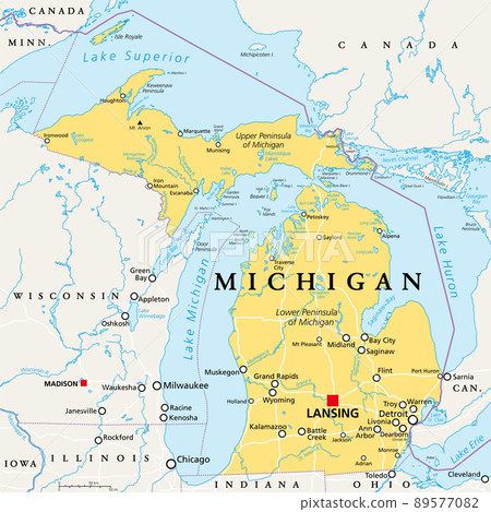 Michigan, MI, political map, with capital Lansing and metropolitan area Detroit. State in Great Lakes region of upper Midwestern United States, nicknamed The Great Lake State, and The Wolverine State. 89577082