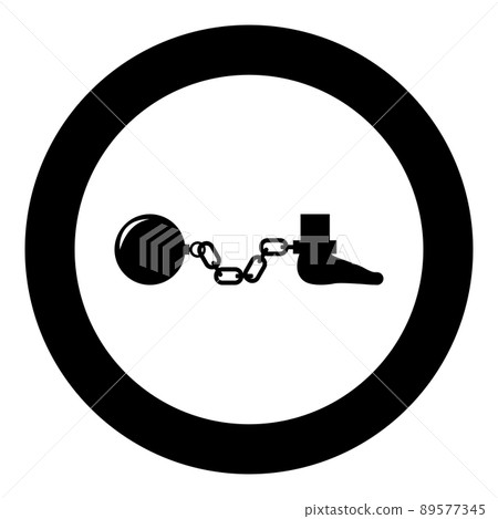 Ball and chain attached foot Silhouette pulling weights Leg with cargo Punishment icon in circle round black color vector illustration image solid outline style 89577345