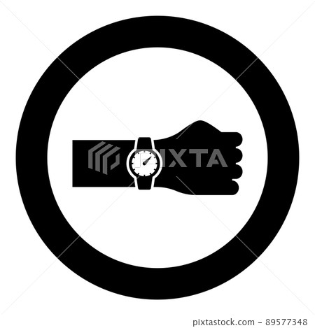 Wristwatch on hand Time on watch hand icon in circle round black color vector illustration image solid outline style Wristwatch on hand Time on watch hand icon in circle round black color vector illustration image solid outline style 89577348