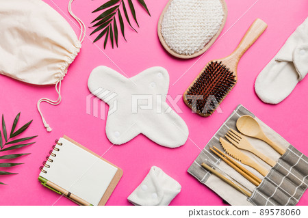 Zero waste concept. Eco-friendly home daily accessories. top view 89578060