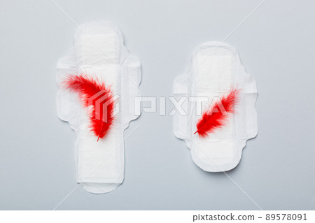 Women hygiene products or Sanitary pad with red feather on colored background. Pastel color. Closeup. Empty place for text. Female daily hygiene 89578091