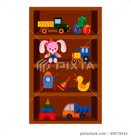 Different toys on a shelf, a cabinet with toys, vector isolated on a white background 89578541