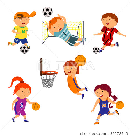 Vector illustration of little boys and girls playing football and basketball. A set of cute cartoon children 89578543
