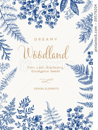 Floral frame with ferns. Blue. Floral frame with ferns. Blue. 89579204