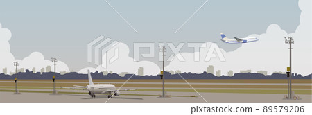 Panorama of the airport with a view of the city on the horizon. Vector. 89579206