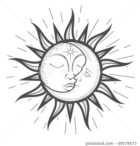 Crescent moon inside sun with face, closed eyes, magical or astrology zodiac sign, tarot sorcery, esoteric symbol, vector Crescent moon inside sun with face, closed eyes, magical or astrology zodiac sign, tarot sorcery, esoteric symbol, vector 89579873
