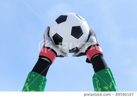 Goalkeeper man catching a soccer ball 89580187