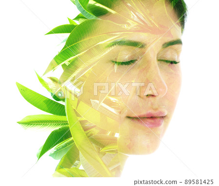 An image of a leafy branch combined with a portrait 89581425
