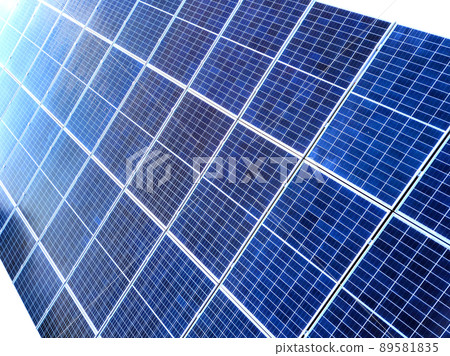 Close-up surface of lit by sun blue shiny solar photo voltaic panels. System producing renewable clean energy. Renewable ecological green energy production concept. 89581835