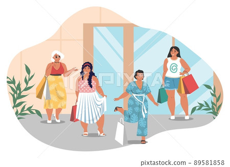 Oversize woman after clothing shopping flat vector 89581858