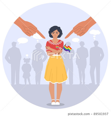 Homophobia concept. Social pressure and bully vector. Sad female character with rainbow flag and pointing fingers design Homophobia concept. Social pressure and bully vector. Sad female character with rainbow flag and pointing fingers design 89581937