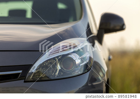 Close-up detail part of black shiny car-headlight, mirror, hood and radiator grille on blurred outdoor background. Transportation, prestige, modern design concept. Close-up detail part of black shiny car-headlight, mirror, hood and radiator grille on blurred outdoor background. Transportation, prestige, modern design concept. 89581948